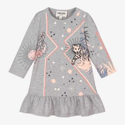 KENZO KIDS GIRLS GREY ORGANIC TIGER DRESS