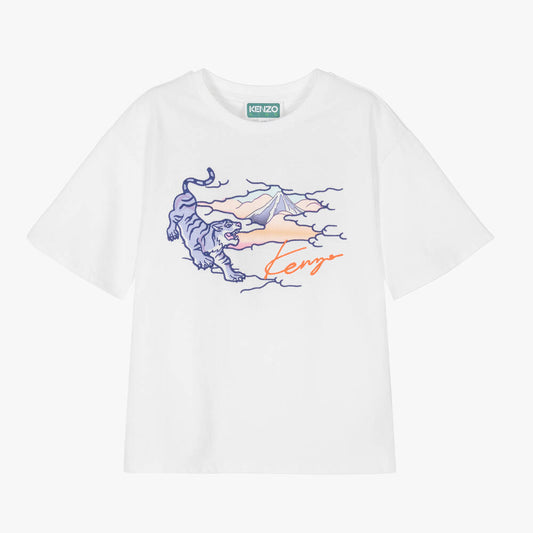 KENZO KIDS GIRLS WHITE COTTON EMBROIDERED T-SHIRT