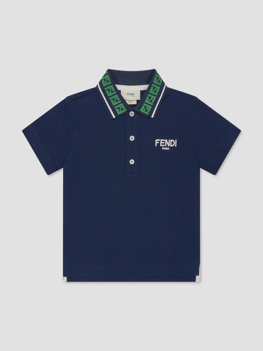 FENDI KIDS Boys FF Logo Polo Shirt in Navy