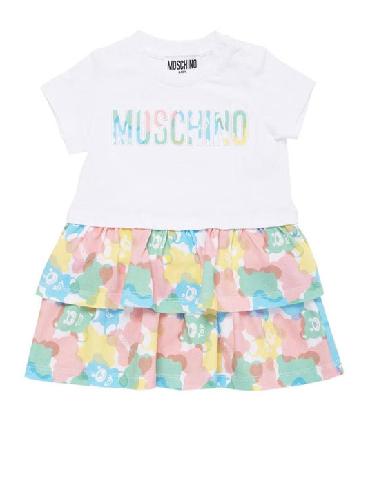 MOSCHINO KIDS Baby Girls Teddy Logo Dress With Gift Box in White