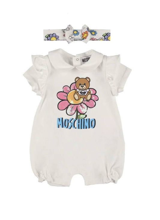 MOSCHINO White Teddy Bear Logo Baby Romper Set