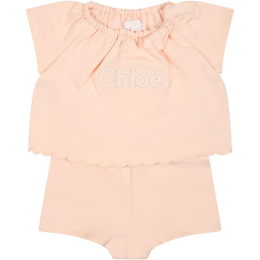 CHLOÉ   Pink Sports Suit For Baby Girl With Logo