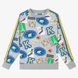 KENZO KIDS TEEN BOYS GREY COTTON LOGO SWEATSHIRT