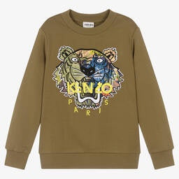 KENZO KIDS TEEN BOYS KHAKI GREEN TIGER SWEATSHIRT